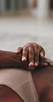 Hands, woman and breathing for meditation at house with chakra, inner peace and mindfulness. Female person, chest and inhale exercise for yoga, spiritual healing and self care with holistic balance