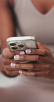 Hands, smartphone and woman in home, typing and digital app for communication. Connection, chatting and person in living room, cellphone for social media or message to contact, email and internet
