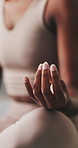 Hands, woman and meditation for yoga at house with chakra, inner peace and mindfulness. Female person, lotus posture and yogi technique for zen, spiritual healing and self care with holistic balance