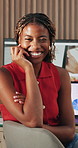 Black woman, remote work and face with smile for pride, confidence and positive feedback. Freelancer, graphic designer and tech in home office for communication, design process or information