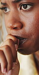 Bite, nails and woman with depression, anxiety and mental health from overthinking alone in house. Nervous, coping mechanism and black person in home with stress, contemplation and worry for future.