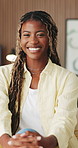 Face, business and black woman in office, smile and about us for creative project. African person, entrepreneur and employee in workplace, happiness and development for production and career ambition