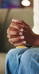 Hands, woman and nervous with anxiety for stress, coping mechanism and emotional tension. Person, fidget and restless with stimming, trauma response and overwhelmed for psychology behavior in therapy