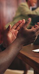 Hands, applause and meeting with business people in office for teamwork, deal and planning. Support, workshop and consulting with group of employees in agency for collaboration, advice and success