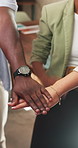 Team, celebration and hands of business people in office for meeting, solidarity and trader synergy. Community, excited and broker mission with group of employees in agency for support and success