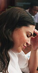 Stress, headache and worry with business woman in office for brain fog, brand crisis and burnout. Fatigue, frustrated and campaign fail with employee in agency for tired, anxiety and mistake