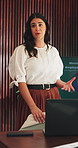 Presentation, talk and meeting with business woman in office for speaker, hr advice and counseling tips. Mental health workshop, psychology balance and seminar with employee in agency for guide