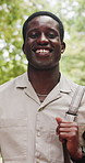 Business, face or black man in park with commute, ambition or morning travel in work routine. Happiness, portrait or male person in town with bag, employee journey or career pride at start of day.