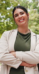 Commute, face or businesswoman in park with arms crossed, ambition or morning travel in work routine. Happiness, portrait or person in town with bag, employee journey or pride at start of day.