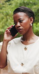 Outdoor, phone call and businesswoman at park for commute, stylist and chat with contact on website. Fashion advisor, smile and black person with mobile for project update, walk and travel to work
