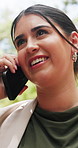 Business, smile and woman in park, phone call for schedule and digital app for communication. Professional, employee and happy person with tech for online chatting, mobile user and talking to contact
