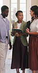 Business, people and talking with tablet in office for research, review agenda and event planner. Team, meeting or digital for client requirements, booking venue and guest list for online reservation