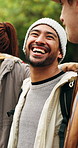 Man, laughing and hiking with friends outdoor for travel, discussion and trekking adventure. Smile, people and talk in nature for backpacking holiday, communication and gathering for weekend getaway