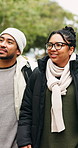 Love, walk or couple in park with sightseeing, connection or bonding on winter break. Communication, man or woman outdoor with fresh air, romantic stroll or healthy relationship in cold season.