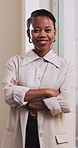 Happy, business and face of black woman with crossed arms, confidence and pride for event planner. Professional, office and portrait of person with smile for brand coordinator, campaign and marketing