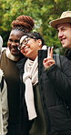 Selfie, happy or friends in nature with peace sign, bonding or healthy relationship in online memory. Diversity, smile or people outdoor with emoji, group gathering or connection for social media.
