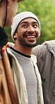 Man, talk and hiking with friends outdoor for travel, discussion and trekking adventure. Happy, people and laughing in nature for backpacking holiday, communication and gathering for weekend getaway