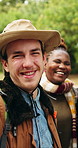Selfie, winter or friends in forest with happiness, bonding or healthy relationship in online memory. Laugh, connection or people with smile, group gathering or social media update in cold season.