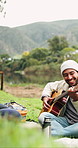 Camping, funny and people with guitar, relax and bonding together for reunion, holiday and singing. Smile, musician or friends in woods, talent and string instrument for song and listening to audio