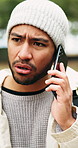 Man, hiking and problem outdoor with phone call, lost connectivity and poor reception for adventure. Person, trekking and search for network with tech, contact or bad communication on travel journey.