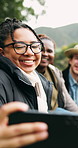 Selfie, winter or friends in nature with happiness, bonding or healthy relationship in online memory. Laugh, connection or people with smile, group gathering or social media update in cold season.