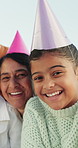 Face, child and selfie with grandmother at party for photography, social media and birthday post. Portrait, old woman and profile picture update with kid, celebration blog and memory of special event