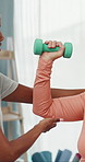 Elderly, woman or weightlifting with physiotherapist or dumbbells for muscle rehabilitation in clinic. Senior, female person or patient with caregiver or weight for arm strength, exercise or recovery