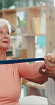 Physiotherapist, checkup or old woman in clinic with resistance band, mobility or support in rehabilitation. Healthcare, patient or chiropractor with aid, arm stretch or muscle recovery in retirement