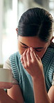 Headache, overthinking and woman in home with coffee, tiredness or pain with brain fog. Migraine, fatigue and female person in living room with warm beverage, strain or sore head with dizziness.