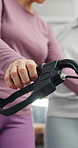 Elderly, woman or physiotherapist with walker for mobility, recovery or rehabilitation in clinic. Senior, female person or hands with support or aid for assisted living, physiotherapy or medical care