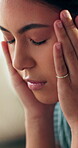 Headache, overthinking and woman in home with massage, tiredness or pain with brain fog. Overwhelmed, fatigue and female person in house with migraine pressure, strain or sore head with dizziness.