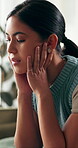 Stress, thinking and girl with concern on sofa for student debt pressure, college grade and pensive. Serious, woman and reflection in house for contemplating results, future introspection and ponder