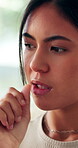 Worry, thinking and nervous girl in home for university pressure, scholarship risk or overwhelmed. Student, anxiety or biting nails in house for exam grade doubt, stress or waiting on college results