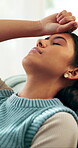 Relax, thinking or girl with stress on sofa for college loan, scholarship risk or mental health. Worry, female student or headache in home for university pressure, financial study debt or overwhelmed