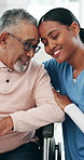 Wheelchair, hug and nurse with senior man in nursing home for support, care and connection. Retirement, healthcare and caregiver with elderly person with disability for embrace, empathy and trust