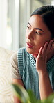 Stress, thinking and woman with concern in home for student debt, college pressure or overwhelmed. Serious, girl and reflection on sofa for contemplating results, future introspection or overthinking