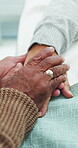 Love, holding hands and support with old couple in hospital for terminal diagnosis, empathy and healthcare. Medical, help and comfort with senior patient in clinic for care, trust and cancer result