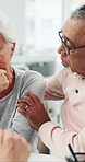 Doctor, hug and empathy with old couple in hospital for terminal diagnosis, support and healthcare. Medical, help and comfort with senior patient in clinic for advice, trust and cancer result