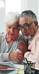 Doctor, hug and tablet with old couple in office for terminal diagnosis, support and healthcare. Medical, help and comfort with senior patient in clinic for advice, trust and online cancer result