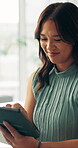 Creative, woman and scroll in office with tablet, browsing social media and smile for marketing trend. Happy, person and research in workplace with tech, online and branding idea for advertising.