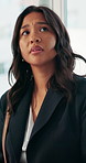 Woman, thinking and sad with stress at office for mistake, unemployment and lobby at insurance company. Person, broker and frustrated with worry, decision or tired with job at risk management agency