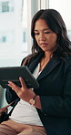 Tablet, business and woman in office, reading email or accounting report for budget review. Tech, accountant and person in company for financial records, bookkeeping research or risk management