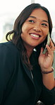 Woman, phone call and happy with talk at office with insight, review or contact at legal agency. Person, consultant or advisor with smartphone, perspective or smile for feedback at corporate law firm