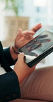 Finance, hands and tablet with business woman scrolling in office for data or statistics review. App, charts and graphs with employee person in financial workplace for investment or risk management