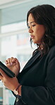 Reading, tablet or business woman in office, investment proposal or venture evaluation for profitability. Market research, Asian person or wealth manager with online risk assessment, review or tech