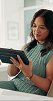 Writer, woman and scroll in office with tablet, review story and submission for media publication. Journalist, person and reading in workplace with tech, research and check news report for website.