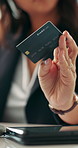 Hands, credit card and budget at office with online shopping, bills or financial freedom on break at job. Woman, fintech and easy payment with digital banking, transaction or e commerce at workplace