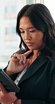 Business, woman and thinking in office with tablet, financial report and research for audit review. Person, reading and problem solving in workplace with digital tech, finance proposal or accounting.