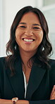 Face, smile and businesswoman with arms crossed in office, professional lawyer and justice advocate. Portrait, happy or person with pride for equity maintenance, client representation or legal advice