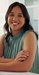 Face, office or business woman with arms crossed for bookkeeping career, finance or payroll management. Portrait, professional or Asian person with pride for accounting accuracy, smile or about us